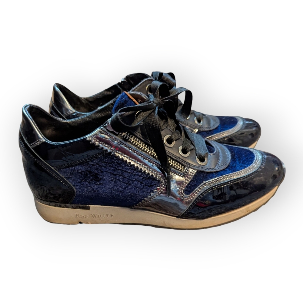 Ron White Sneakers Shoes Blue Velvet Black Patent Leather Size EU 40